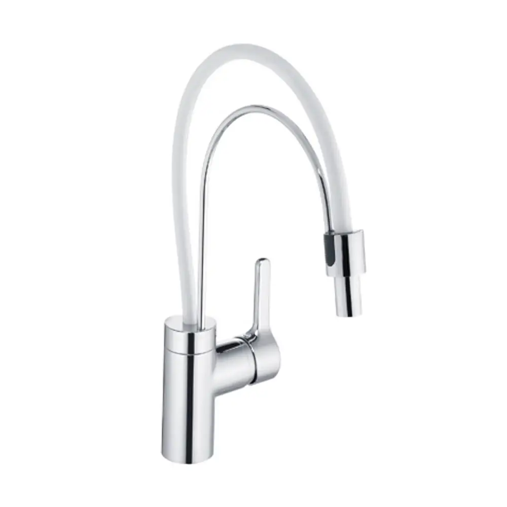 Kludi-Faucet mit doppeltem Bogen-Auslauf und klarem, geraden Griff, in chromfarbenem Finish, für Spültischmontage geeignet.